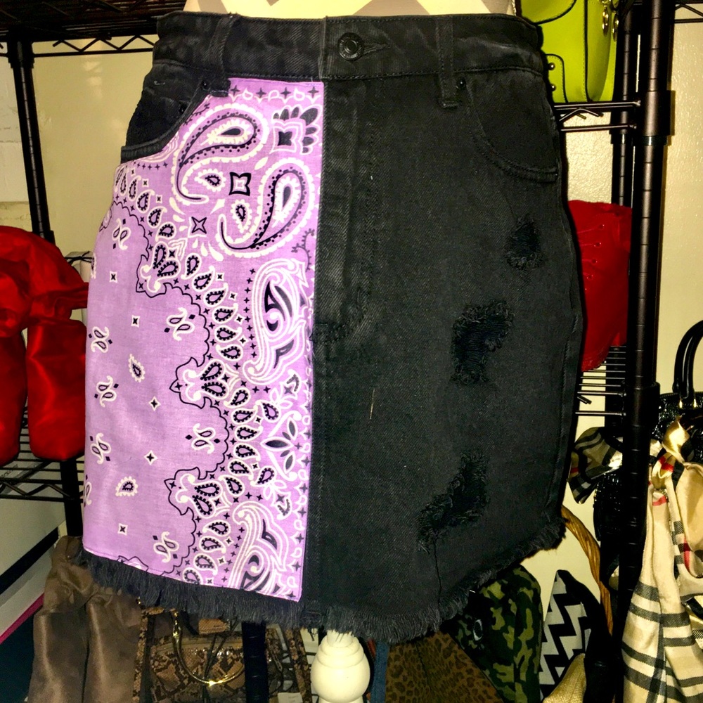 Black skirt half purple bandanna fabric.